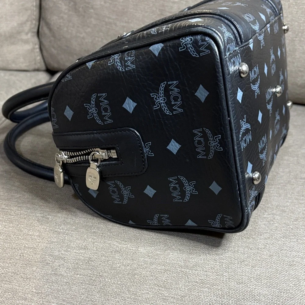 MCM  Visetos Black Boston Bag Leather Trim Silver Hardware Charms CIOA
